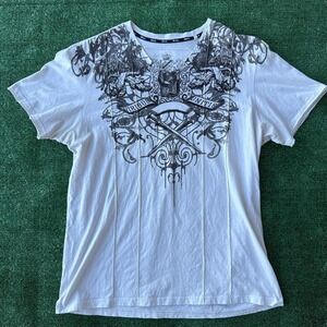 GUESS Mens White Graphic V-Neck T Shirt